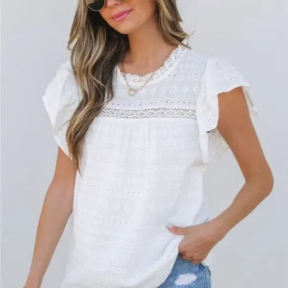 *NEW* Womens White Eyelet Ruffle Short Sleeve Blouse Top Boho | Size L - Picture 4 of 9